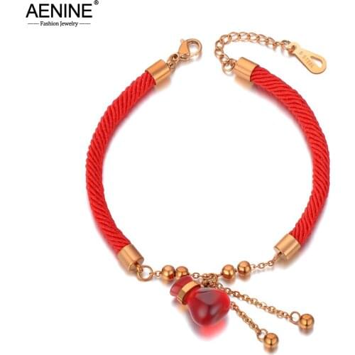 AENINE Ethnic Chinese Style Stainless Steel Red CZ Crystal Gourd Charm Bracelets For Women Red Rope Bracelet Jewelry AB20137