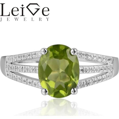 Leige Jewelry Natural Peridot Gemstone 925 Sterling Silver August Birthstone Oval Cut Engagement Rings For Woman