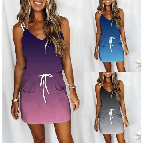 WomenS Dress Summer Sports Style Casual Loose Striped Print Bandage Vest Suspender Dress All-Match New платье летнее 50