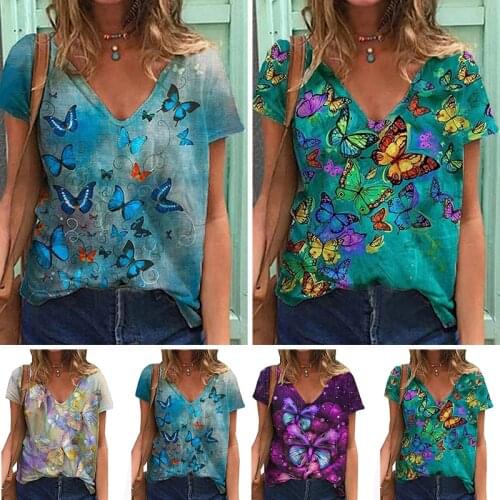 2021 New T-Shirt Plus Size Women Short Sleeve Printed V-Neck Tops Butterfly print Tee T-Shirt Casual Loose Tops Womens Clothing