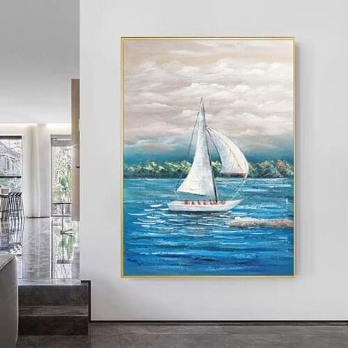 Abstract Sea Scenery White Sailboat On Blue Sea Handmade Oil Painting On Canvas Hanging Picture For Living Room Hotel Entrance