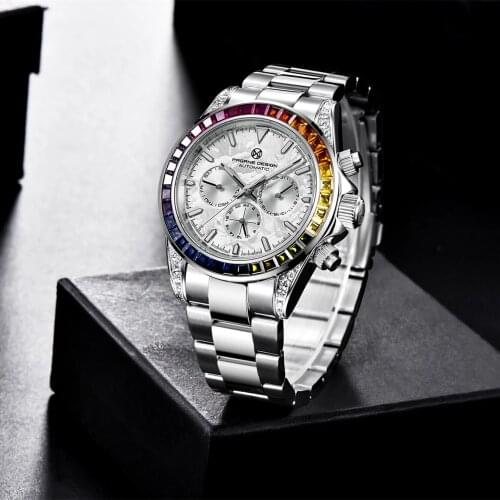 PAGRNE DESIGN Top Luxury Automatic Mechanical Watch Sapphire Glass Color Bezel Business Stainless Steel Waterproof Casual Watch