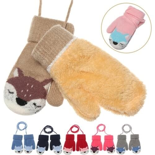 Children Gloves Cartoons For 1-3years Old Girls Boys Little Fox Winter Mittens Double-layer Knitted Wool Plus Velvet Warm Gloves