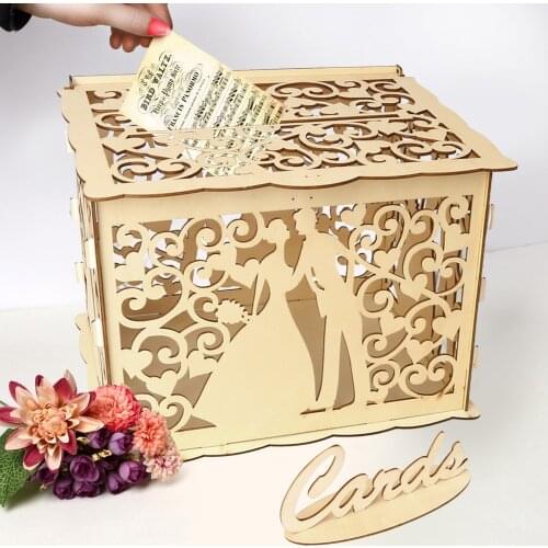 DIY Wedding Wooden Box Hollow Floral Pattern Wedding Sign Envelope Money Gift Greeting Card Box with Lock Party Supplies