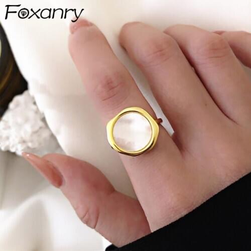 Foxanry 925 Sterling Silver White Shell Rings for Women New Fashion Creative Geometric Round Handmade Elegant Party Jewelry Gift