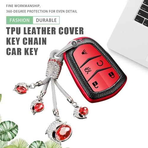 Leather TPU Car Key Cover Case Key Chain Ring for Cadillac ATS CT6 CTS DTS XT5 Escalade ESV SRX STS XTS ELR 2014-2021 Protector