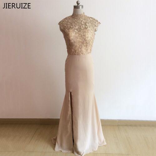 JIERUIZE Champagne Lace Mermaid Long Evening Dresses Cap Sleeves Mother of the Bride Dresses Side Slit Cheap Formal Dress