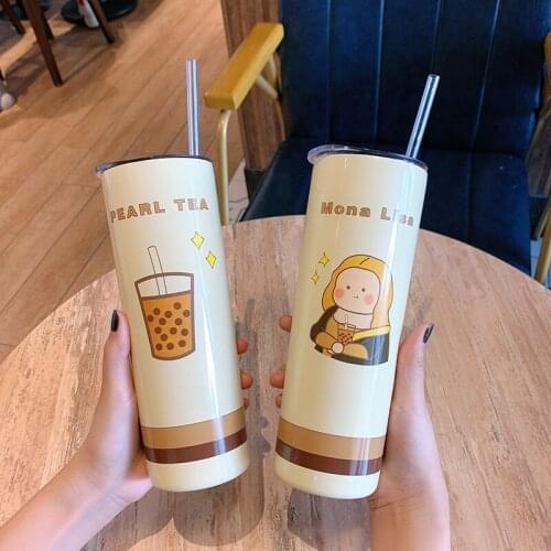 Mug Cartoon Kawaii Stainless Steel Bear Bee Driving Sealed and Thermos Transparent Cup Lid Straw Cup Water Bottle