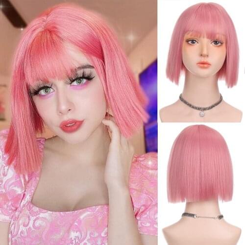LANLAN Synthetic Short Bob wig Pink/Black Short Lolita Wig With Bangs Heat Resistant Cosplay Wig For Women Party/Daily Wig
