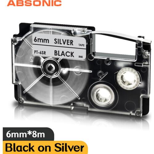 Absonic XR-6SR 6mm*8m Label Tape Compatible Casio Label Maker Writing Typewriter Black on Silver XR 6GD for Casio KL350 KL820