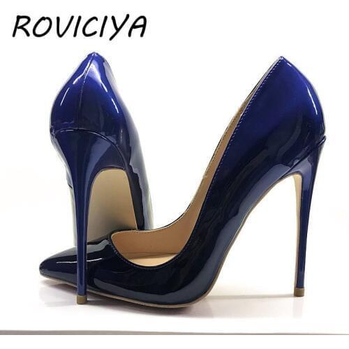 Blue black gradation color fashion 12cm high heeled pumps shallow pointed toe woman party women wedding shoes QP078 ROVICIYA