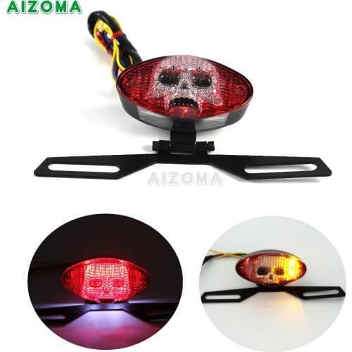 Motorcycle 12v LED Brake Tail Light w/ License Plate Bracket For Harley Bobber Custom 3D Skull Face Taillight Signal Blinker