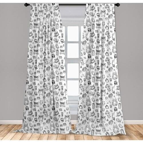 Cartoon Curtain Hand Drawn Style Owl with Ornate Details Monochrome Design Window Treatment Living Room Bedroom