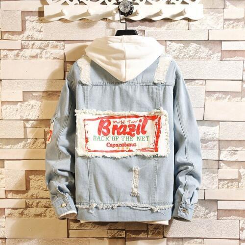 Mans vintage light blue patchwork cotton denim jackets male loose oversize hip hop swag bomber pilot jacket coat windbreaker