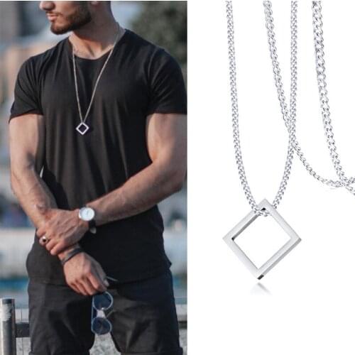STREETSTYLE MINIMALIST ASSOCIATED MAN GEOMETRIC SQUARE NECKLACE FOR MEN STAINLESS STEEL PENDANT NECKLACES HIPSTER MENS JEWELRY