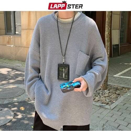 LAPPSTER Men Harajuku Oversized Solid Sweaters 2021 Mens Vintage Korean Fashion Knitted Sweater Male Loose Streetwear Pullovers