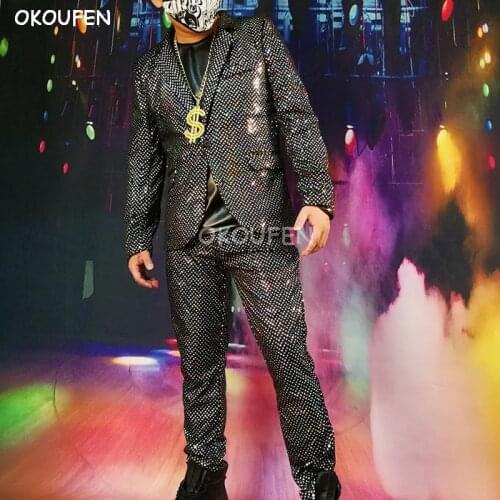 2018 New shiny Silver Dot Slim Blazers suits Party show stage tide suit Nightclub bar dj singer performance show wear