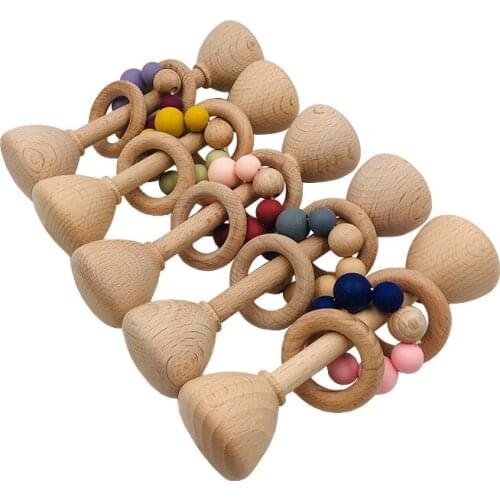 Wholesale Beech Wooden Infant Wood Rattle Teething Toys Hand Holder Grasping Toys Infant Educational Toys