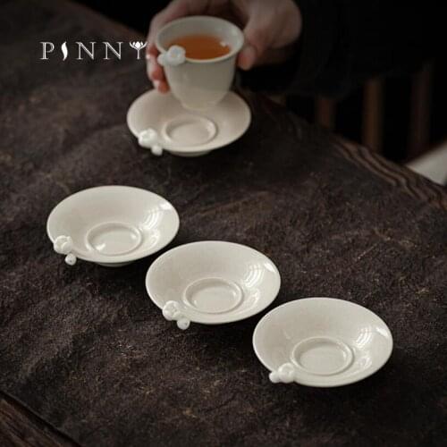 PINNY Retro Plant Ash Glaze Teacup Saucers Traditional Chinese Kung Fu Tea Accessories Hand Made Plum Blossom Cup Pads