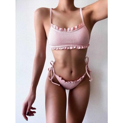 Pink Strint Low-Waist Bikini Sets Sexy Smocked Tankini Swimsuit Women Two Pieces Swimwear Girls Beach Bathing Suit