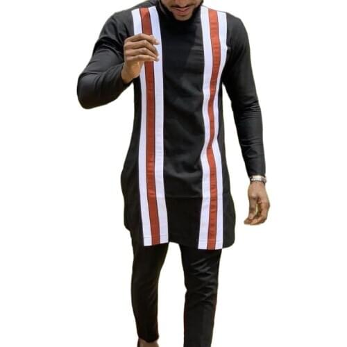 O-Neck Shirts Man Orange/White Cloth Strip Patchwork Tops And Solid Black Trousers Tailor-Made African Fashion Mens Pant Sets