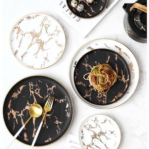 Nordic Salad Plate Ins Gold Inlay Dinner Dish Marble Pattern Steak Plates Home Hotel Ceramic Food Dishes Tray Drop Shipping
