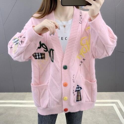Y2k Pink Kawaii Sweater Cardigan v-Ncek Knitting Anime Style Big Pocket Loose Personality Cute Sweater Casual 2021 New Arrival