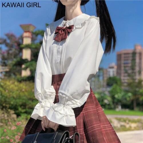 Japanese White Shirt Women Lolita Inner Shirt Jk Uniform Long-Sleeved Shirts Top Spring Autumn Ruffle Doll Collar College Blouse