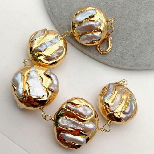 YYGEM 8.5" Natural White Biwa Freshwater Pearl Yellow Gold color Edge pave wrap Bracelet hyperbole hip-hop style for women