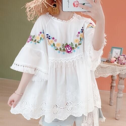 Spring Original Design Summer Women White Cotton Mori Girl Sweet Elegant Flower Embroidery Casual Loose Shirts