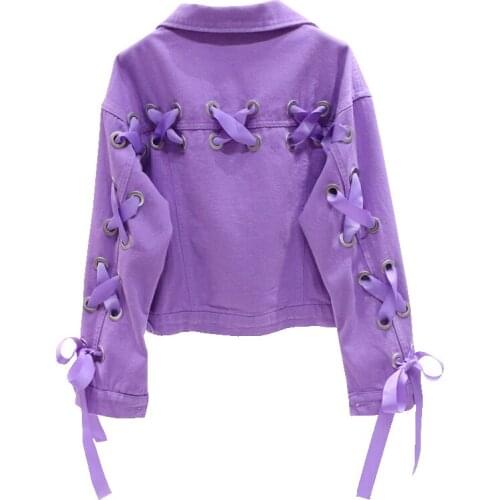 Spring Fashion Candy Colour Short Jeans Coat Women Autumn Korean Bandage Lapel Denim Jacket Female Loose Outerwear Tide G1101