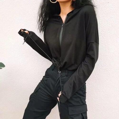 Spring Hoodie Women Drawstring Waist Short Women Sports Sweetshirts Zipper Hooded Black Hoodies Women Cotton Hip Hop Tops