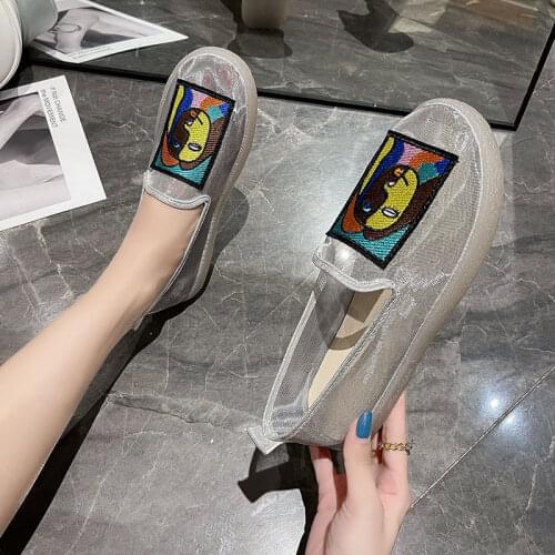 Autumn and Summer New Style Hollow Organza Abstract Painting Single Shoes Women Pedal Lazy Shoes Mesh Sandals Women