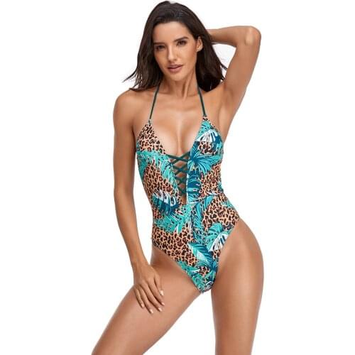 Sexy V-Neck Brazilian One Piece Swimsuit Floral Leopard High Waist Bathing Suit Women Push Up Swimwear Bodysuit Bandage Monokini
