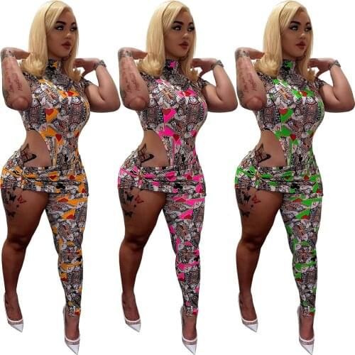 Echoine 2021 Sexy Print Jumpsuit Women Irregular Short sleeve One Leg Slim Rompers Female Bodycon Jumpsuits Party Club Overalls