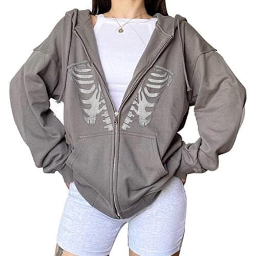 Women Zip-up Hooded Sweatshirt Skeleton Skull Print Loose Fit Long Sleeve Pullover with Pockets
