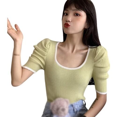 Korean Style Women Square Collar Bubble Sleeve Top Summer Solid Color Basic Knitted Short-Sleeved Tshirt