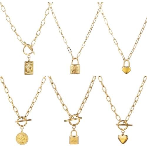 Women Stainless Steel Necklace For Women Lock Coin Pendant Necklace Long Pendant Necklace Charm Jewelry Geometry Chokers Jewelry