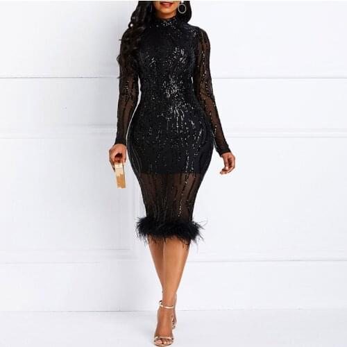 Pluse Size Women Dress Sexy Party Long Sleeves Sequins Stitching Feathers Robes 2021 Spring Fashion New Female Dresses Vestidos