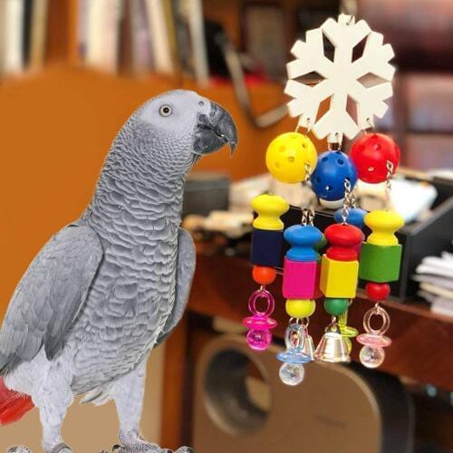 Parrot Chewing Toys Parrot Knots Block Chew Toy with Bells Bird Wood Hanging Toys for Large and Medium Birds African Greys