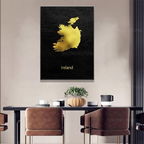 Golden Map Art Ireland Canvas Poster Home Decor PaintingArt Picture Prints Home Decor Wall Poster Decoration For Living Room