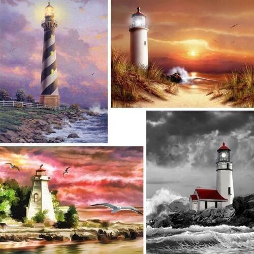 5D Diamond Painting Scenery Seaside villa Lighthouse Cross Stitch Full Diamond Embroidery Mosaic Pattern Rhinestones Home Decor