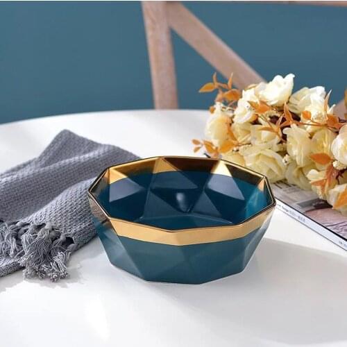 850ml diamond shape ceramic salad bowls gold rim green bowls
