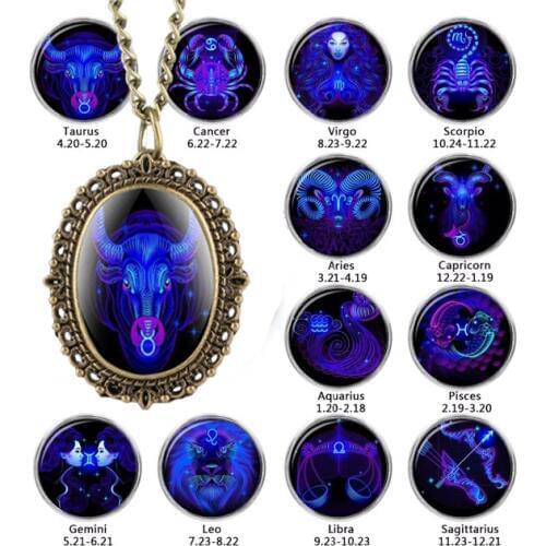 New 12 Constellation Astrology Oval Pocket Watch Unique Fluorescent Blue Zodiac Necklace Pendant Quartz Birthday Gift for Friend