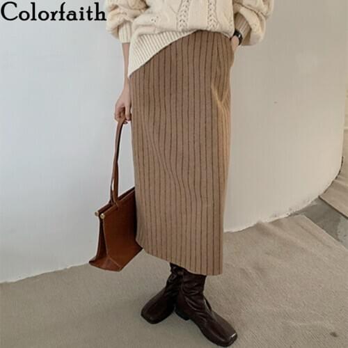 Colorfaith New 2021 Autumn Winter Women Skirts Knitting Woolen Straight Fashionable Split Vintage Pockets Long Skirts SK9213