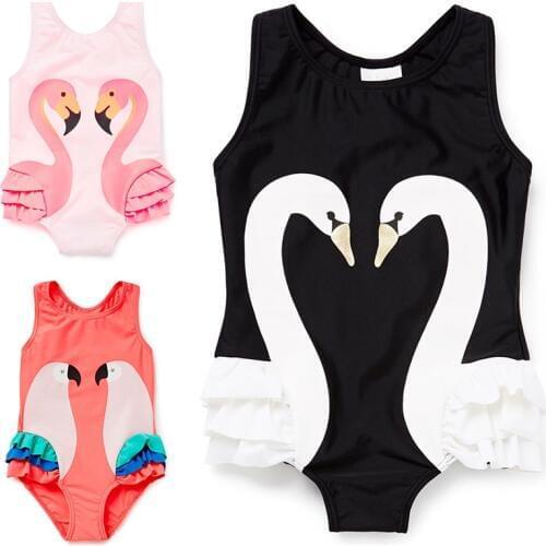 3-12 Years 4XL One Piece Swimsuit Girl 3D Ruffle Flamingo Parrot Swan Swimwear Kids Baby with Simming Cap Children Bathing Suit