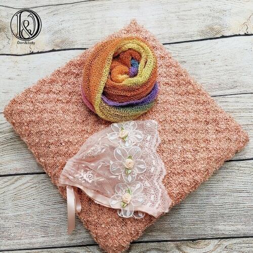 Don&Judy 150x100cm Backdrop Blanket & Rainbow 140x30cm Wrap & Hat 3pcs/set Background Cap for Newborn Photography Baby Prop