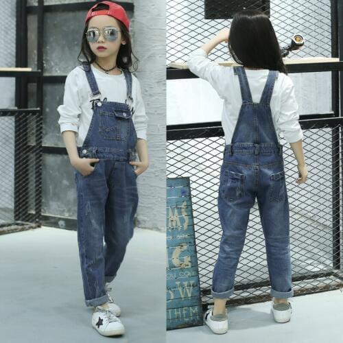 Kids denim overalls 2019 spring big girls cowboy strap hole pants children Korean belt trousers 3 to 13 years baby jeans clothes