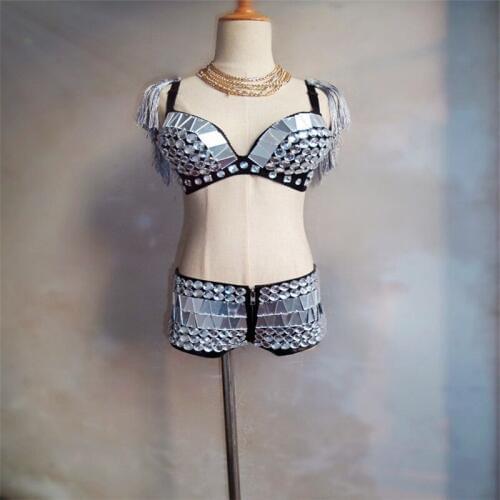 EC27 Silver mirror costumes ballroom dance costumes bra bikini pants dj disco wears dresses party bar clothe stage performance
