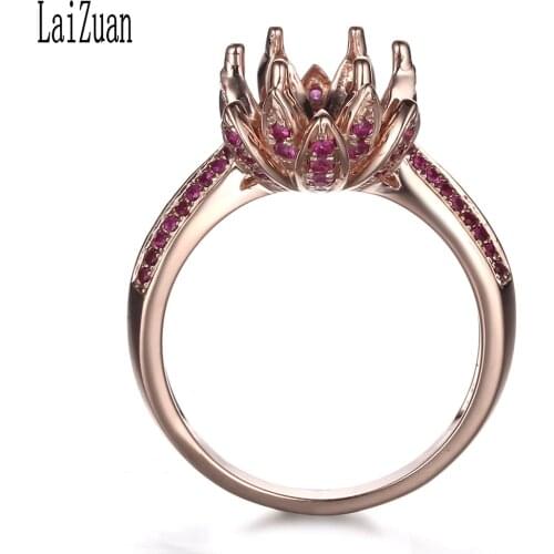 8-9mm Round Solid 10K Rose Gold 0.4ct Genuine Natural Ruby Semi Mount Engagement Wedding Ring Setting Lotus women Trendy Jewelry